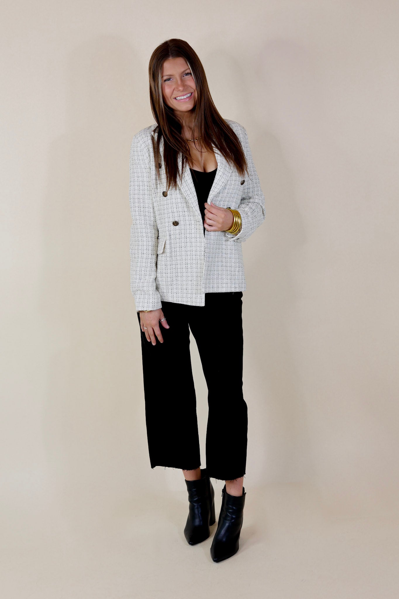 Timeless Tales Tweed Blazer with Bronze Buttons in Ivory - Giddy Up Glamour Boutique