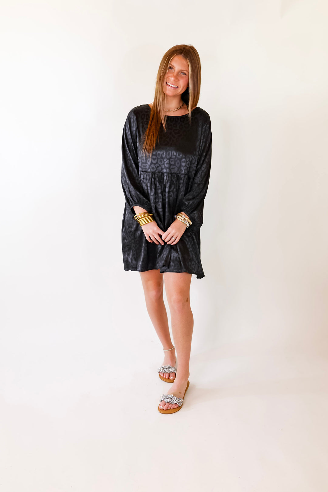 Change Is Coming Leopard Print Babydoll Dress with Long Sleeves in Black - Giddy Up Glamour Boutique