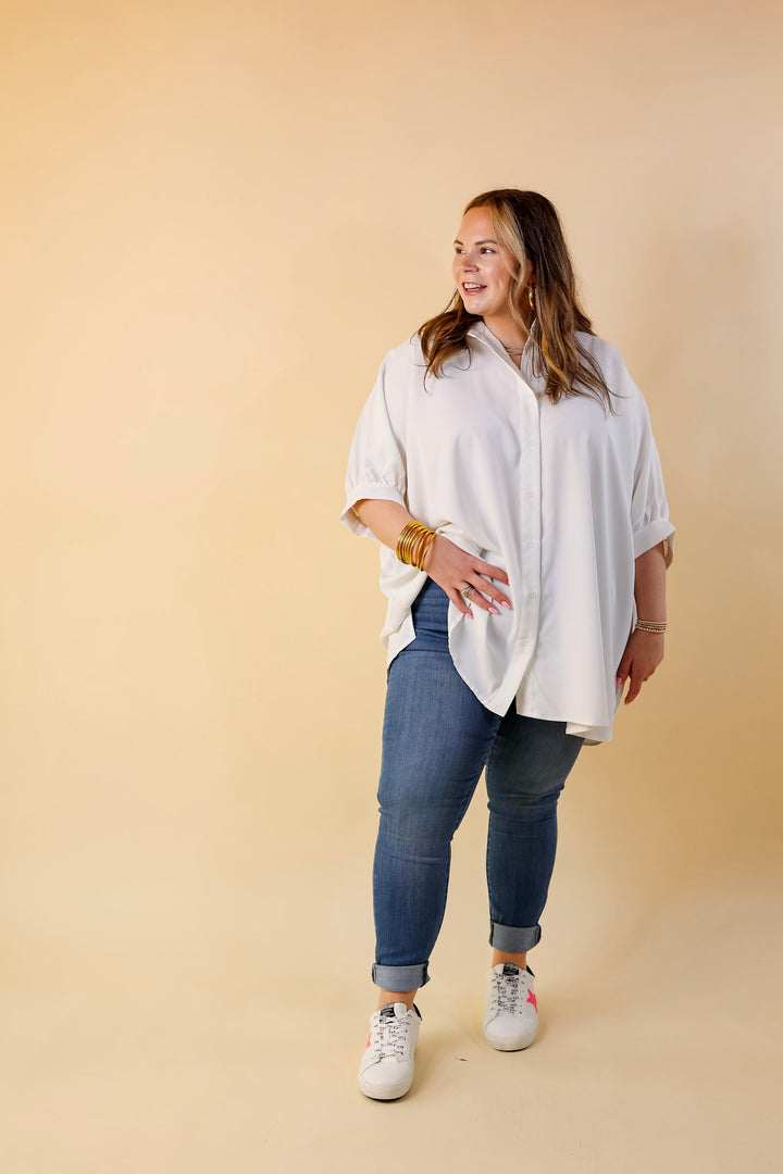 City Lifestyle Button Up Half Sleeve Poncho Top in Off White - Giddy Up Glamour Boutique