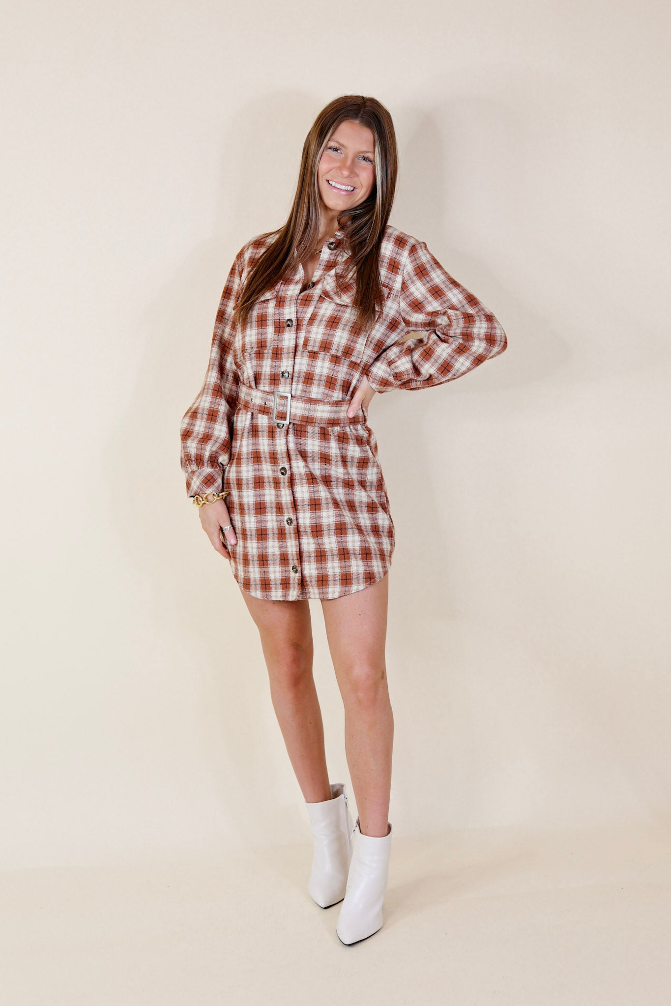 Pumpkin Spice Please Plaid Button Up Belted Dress with Long Sleeves in Rust Orange - Giddy Up Glamour Boutique