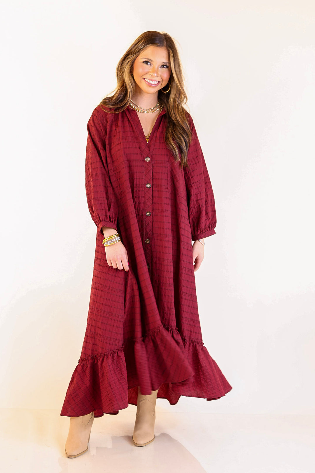 Easy to Please Button Up Ruffle Hem Midi Dress in Maroon Plaid