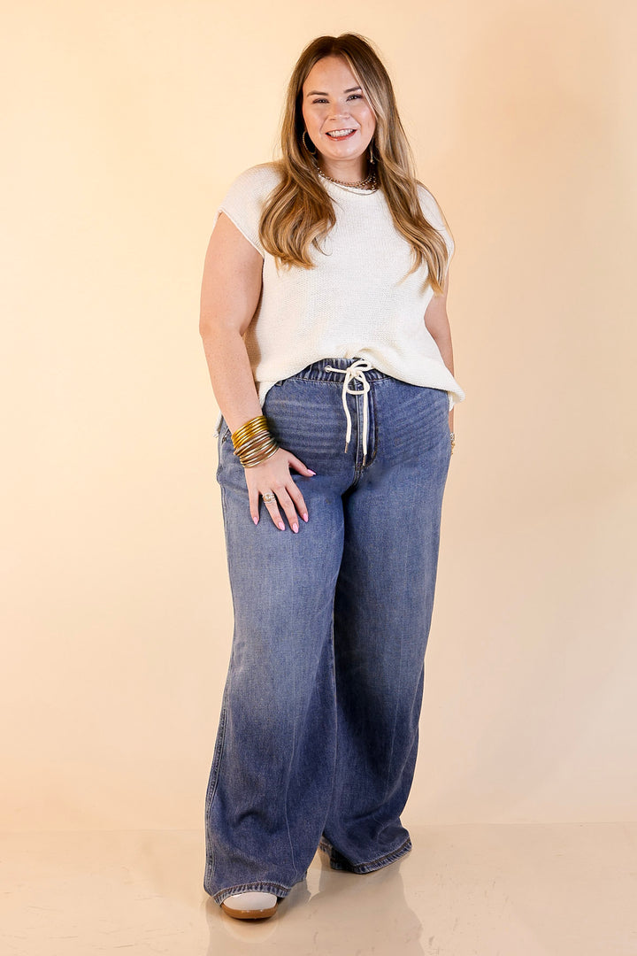 Judy Blue | Made to Move Wide Leg Palazzo Featherweight Elastic Waistband Jeans in Dark Wash