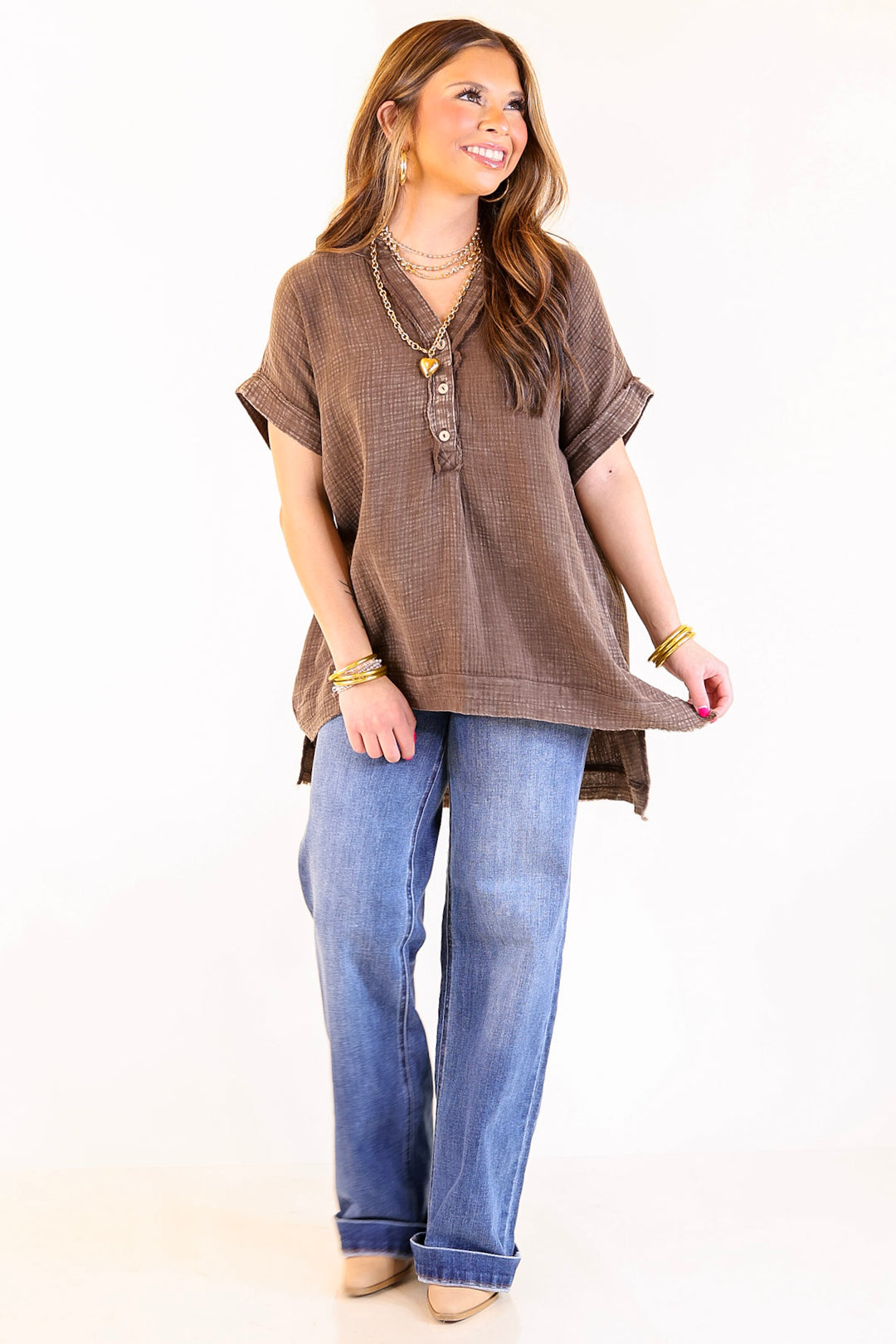 Simple Statement Quarter Button Up Short Drop Sleeve Shirt in Brown