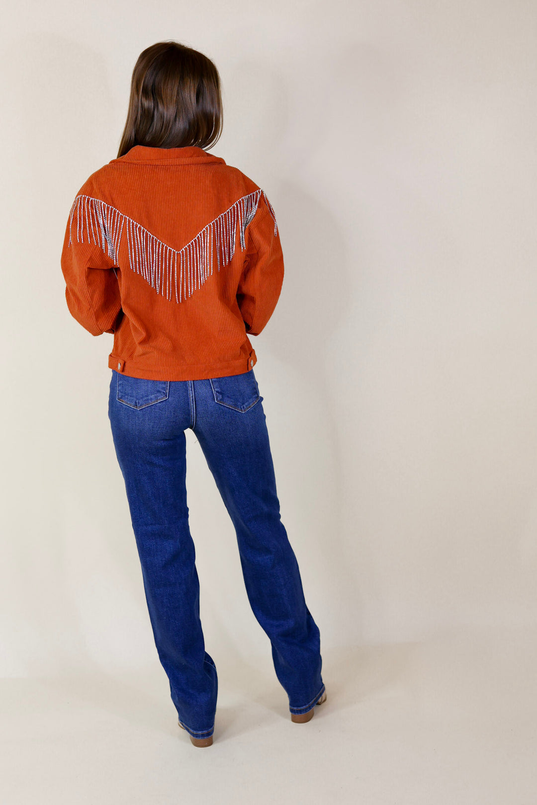 Signature Moves Button Up Corduroy Jacket with Crystal Fringe Back in Rust Orange - Giddy Up Glamour Boutique