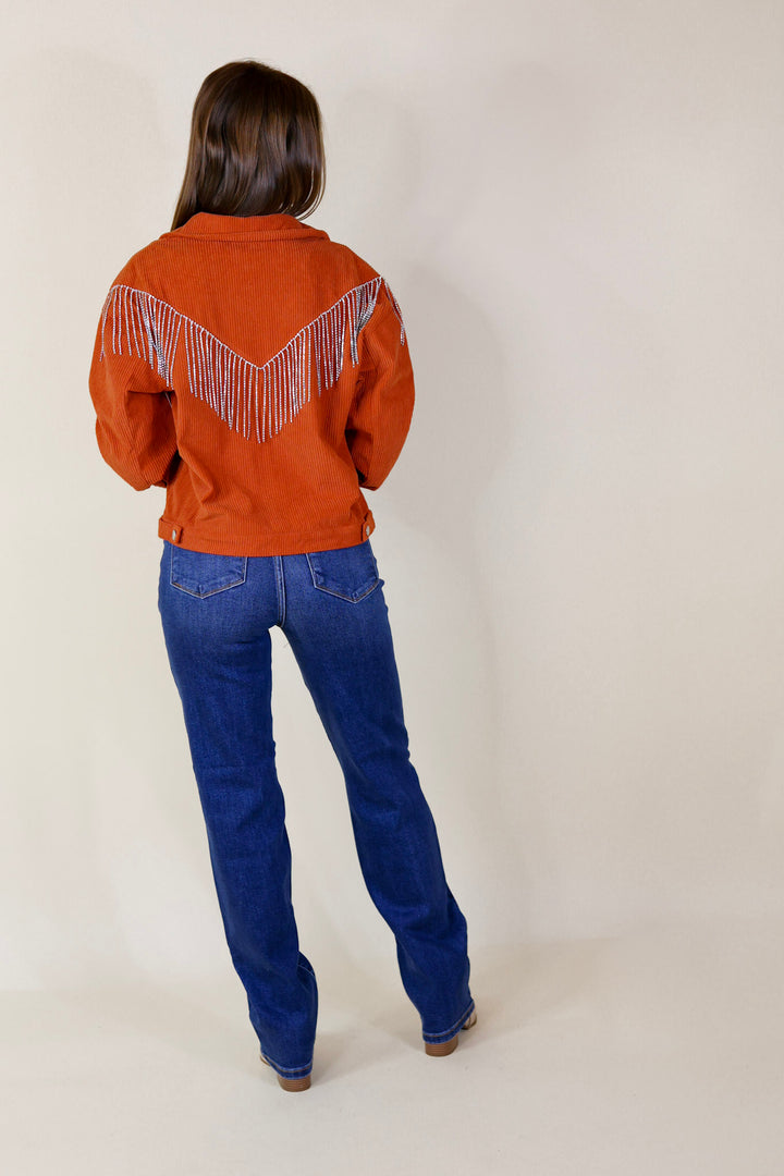 Signature Moves Button Up Corduroy Jacket with Crystal Fringe Back in Rust Orange - Giddy Up Glamour Boutique