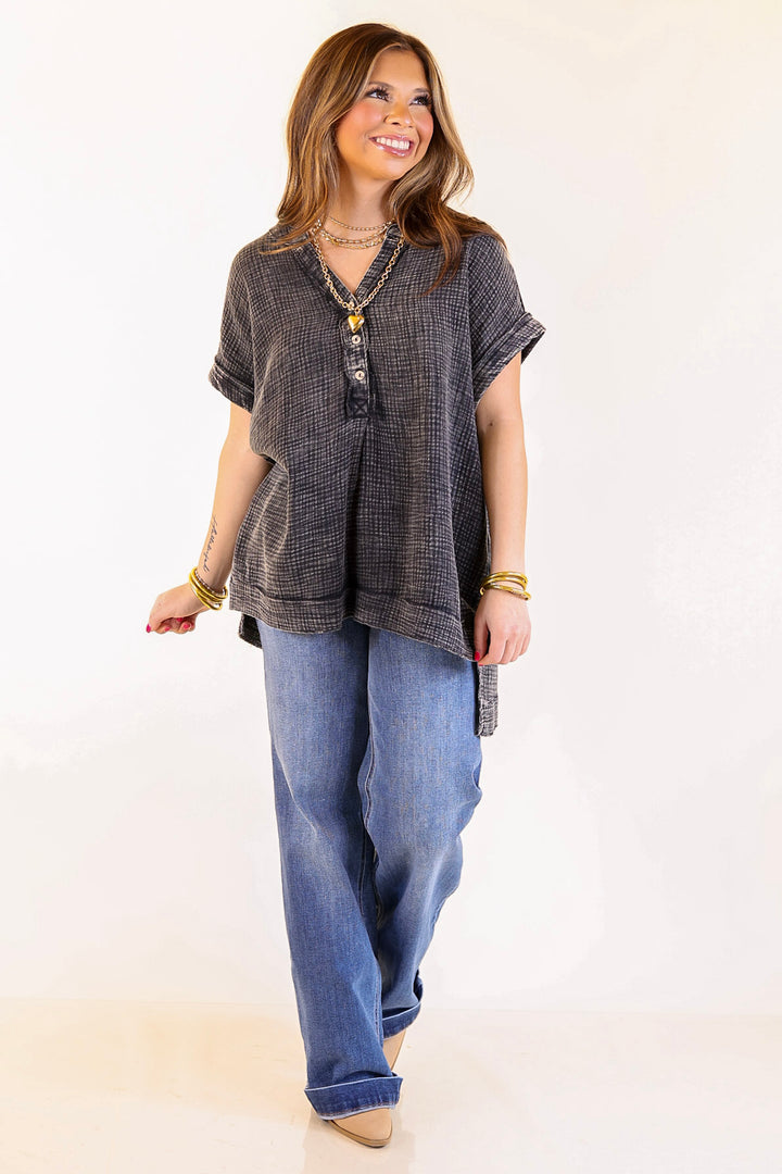 Simple Statement Quarter Button Up Short Drop Sleeve Shirt in Black