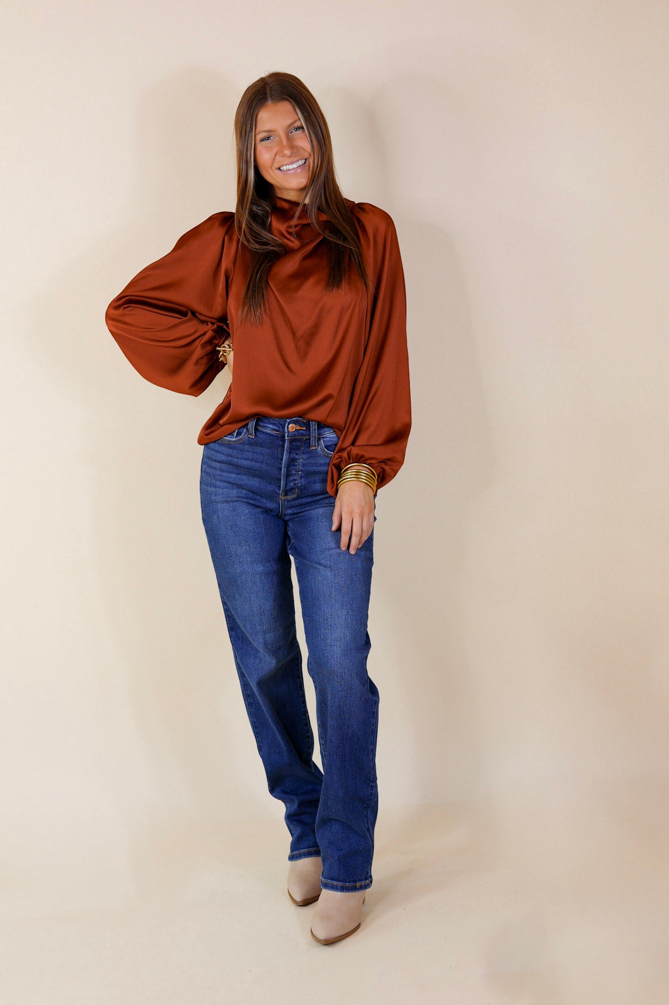 Afternoon in Asheville High Cowl Neck Long Sleeve Crepe Blouse in Rust - Giddy Up Glamour Boutique