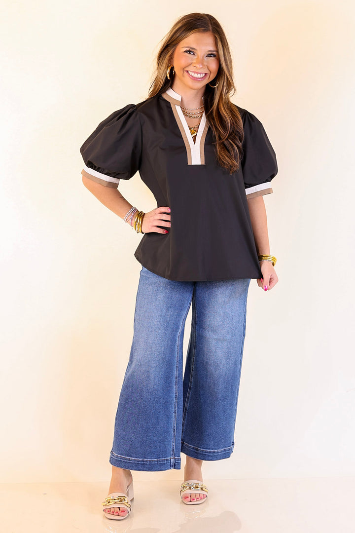 Standout Style V Neck Top with Short Balloon Sleeves and Natural Color Trim in Black