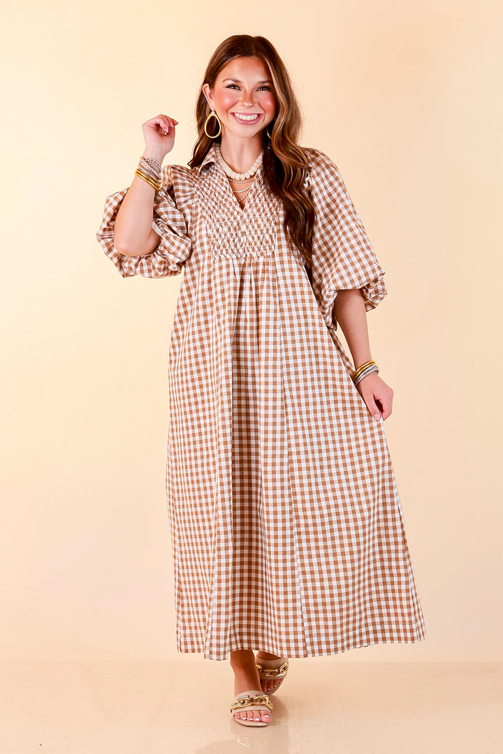 All Eyes on You Smocked Yoke Puff Sleeve Gingham Print Maxi Dress in Camel Brown and Ivory