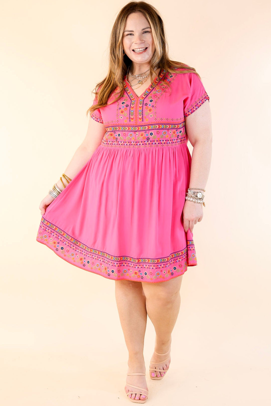 Passing Through V Neck Embroidered Dress with Short Sleeves in Pink