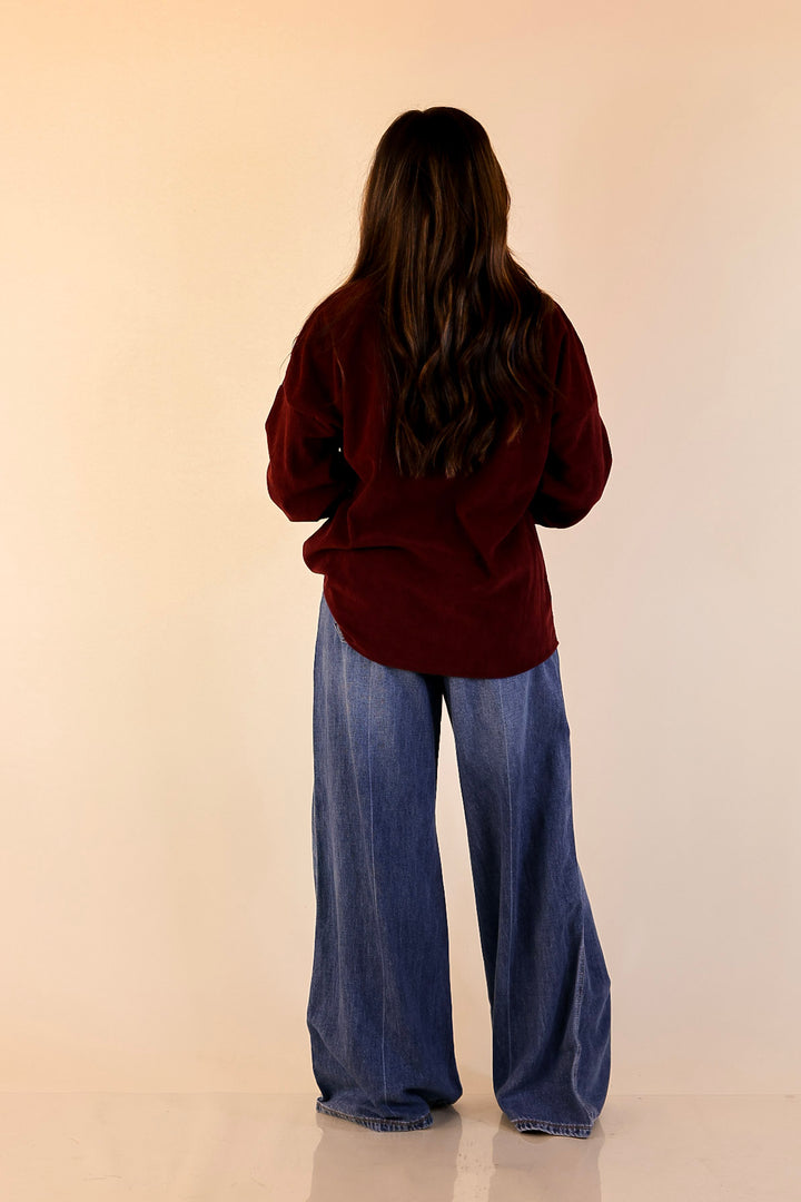 Captivating Cuteness Corduroy Button Up Shacket in Maroon