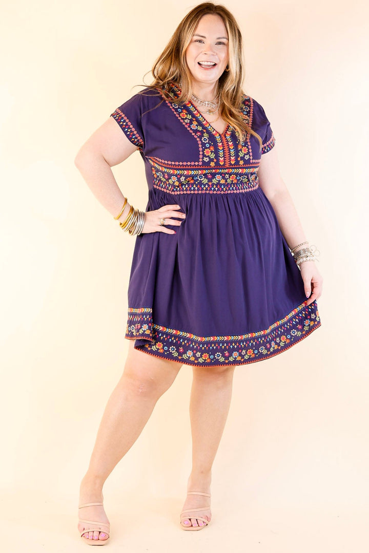Passing Through V Neck Embroidered Dress with Short Sleeves in Navy Blue