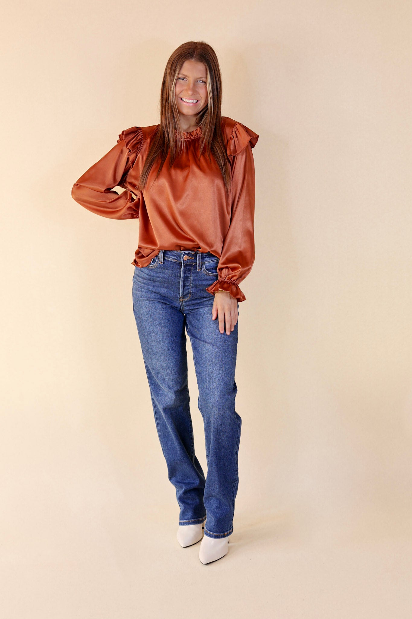 Can't Stop Me Ruffle Mock Neck Long Sleeve Satin Top in Rust Brown - Giddy Up Glamour Boutique