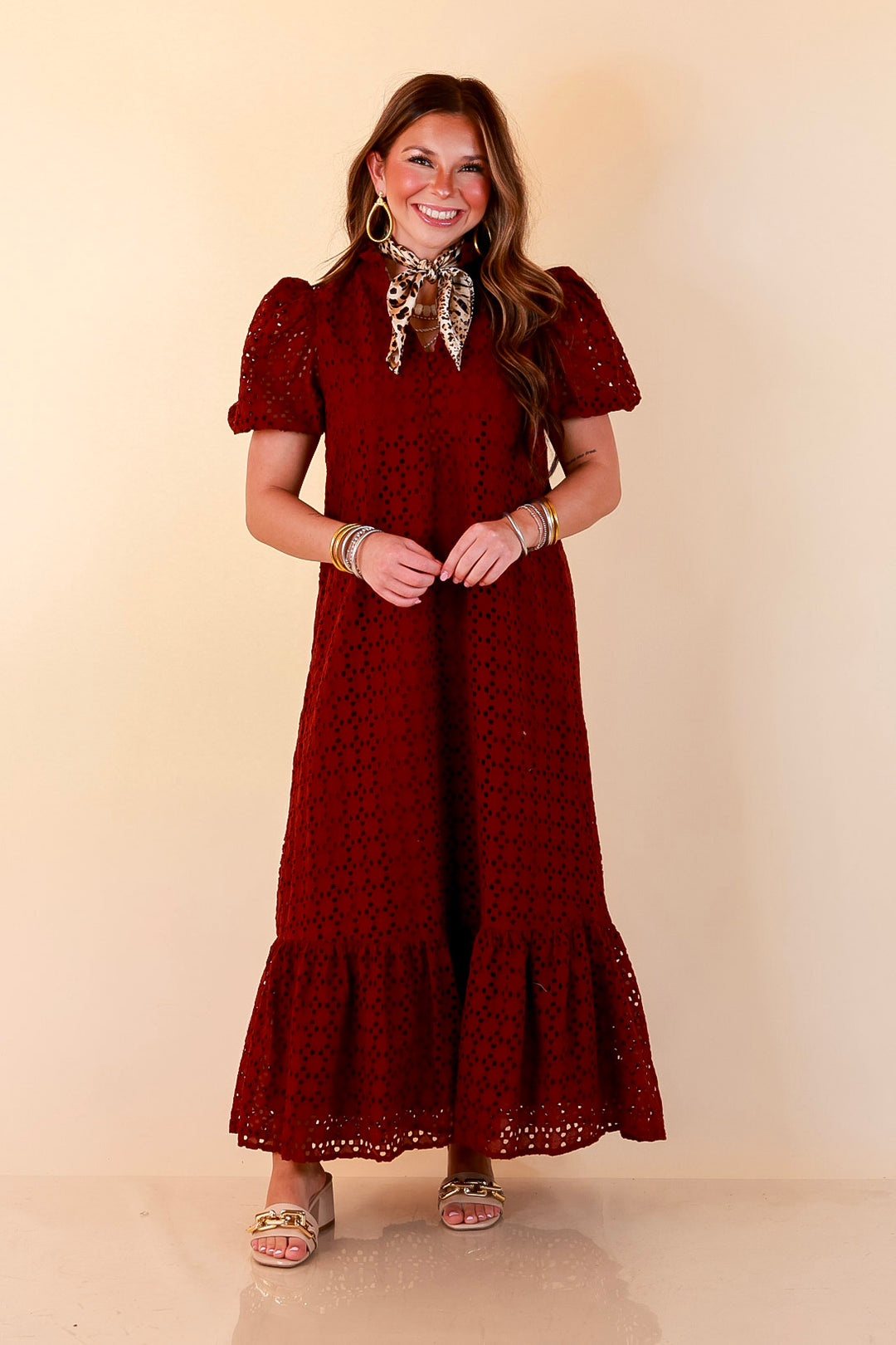 Meet Me at Sunset Eyelet Lace Puff Sleeve Tiered Maxi Dress in Maroon