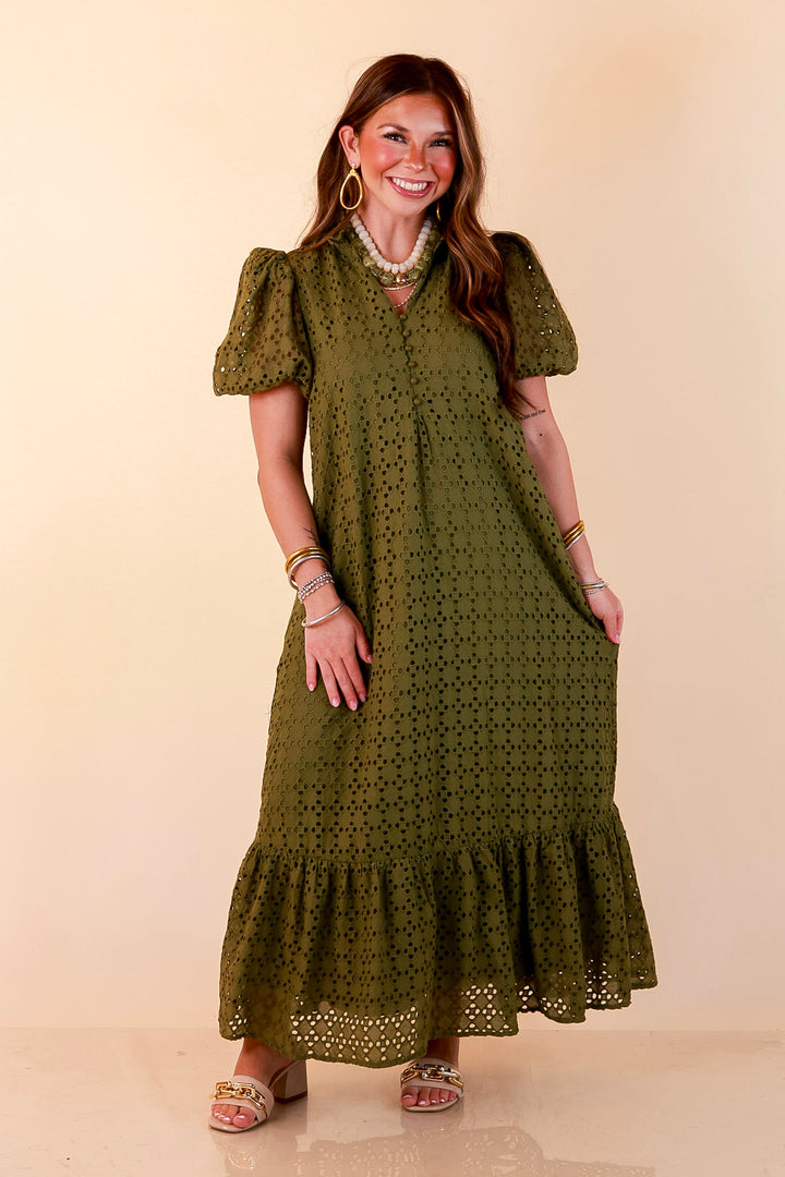 Meet Me at Sunset Eyelet Lace Puff Sleeve Tiered Maxi Dress in Olive Green