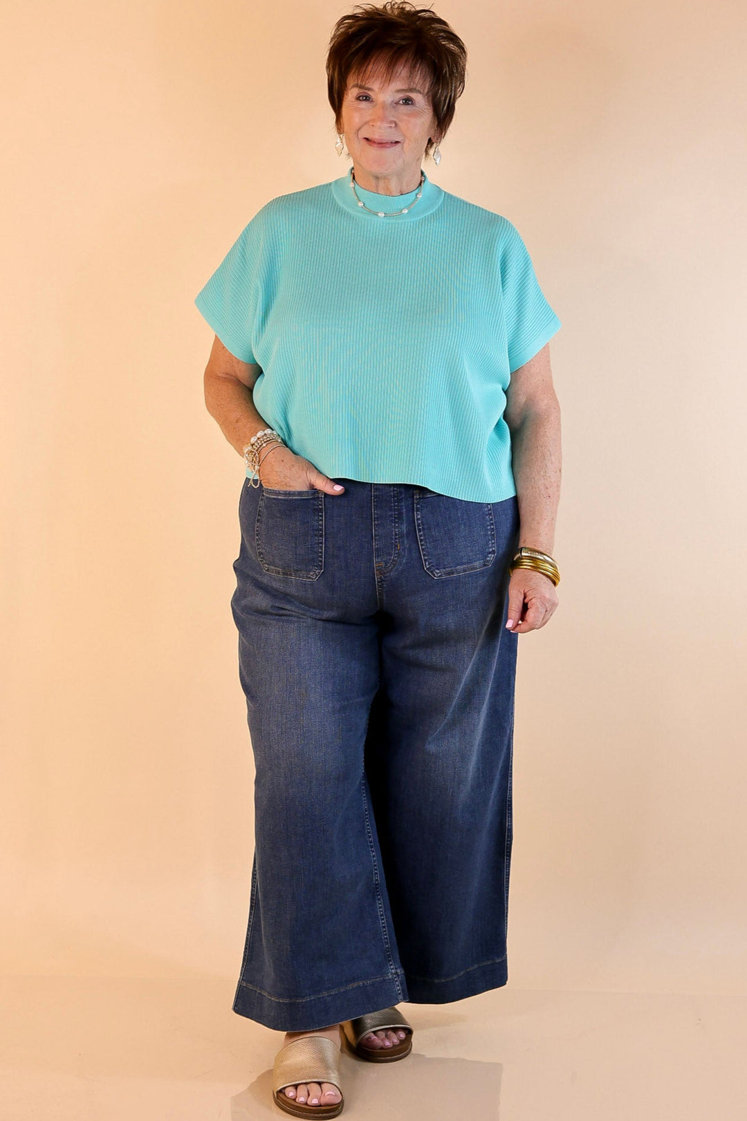 Never Out of Style Short Sleeve Mock Neck Top in Mint Sky Blue