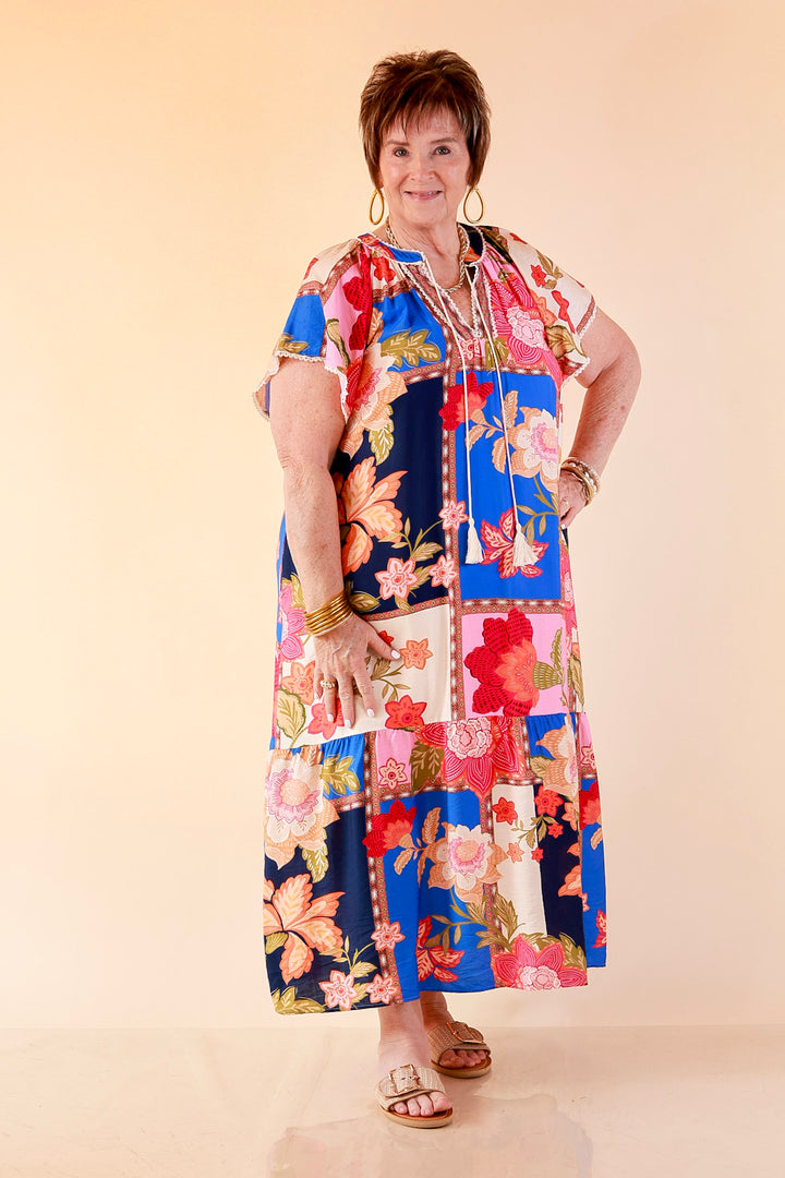 Patchwork Poise Floral Patchwork Print Midi Dress with Tassel Tie Neckline and Flutter Sleeves in Blue Mix