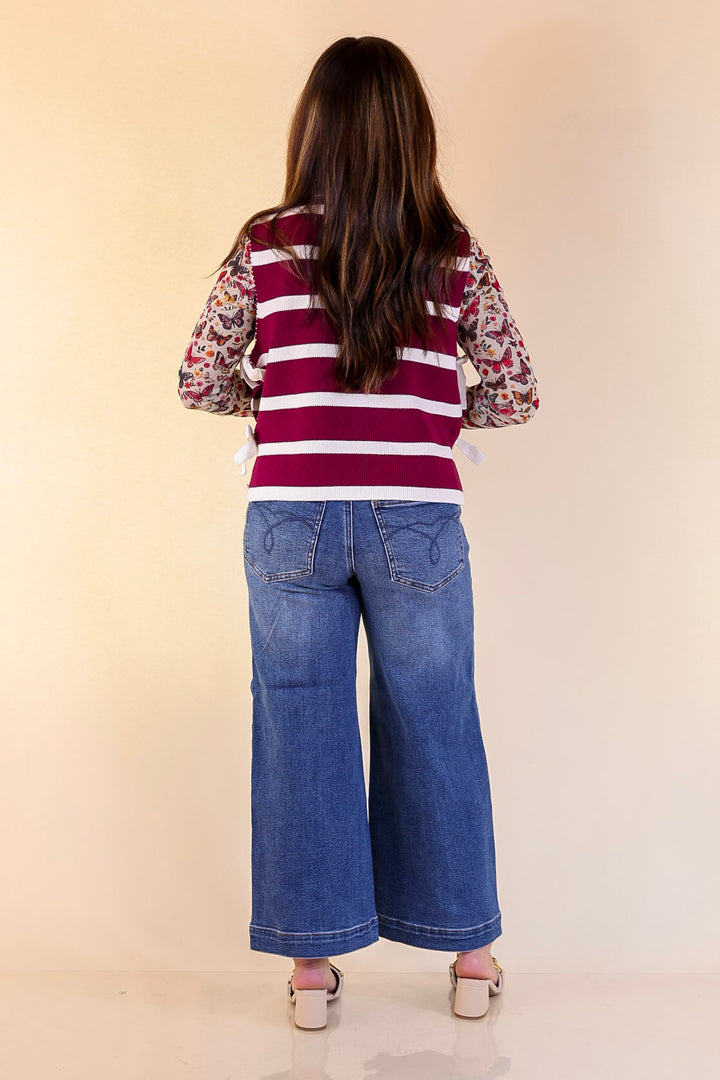 Tied Up in Style Knit Sweater with Side Ties in Maroon with Off White Stripes