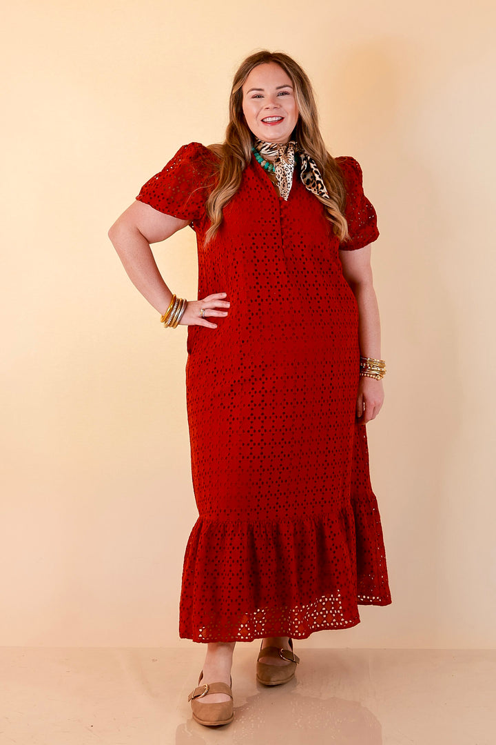 Meet Me at Sunset Eyelet Lace Puff Sleeve Tiered Maxi Dress in Rust Red