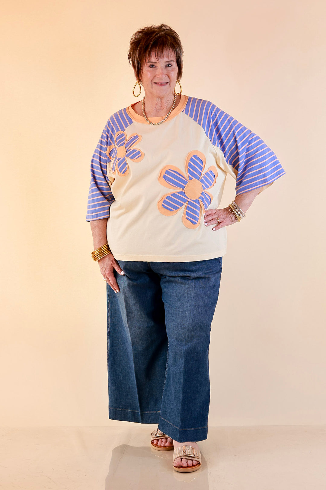 Bloom in Color Floral and Stripe Print Relaxed Short Sleeve Top with Contrast Sleeves in Cream
