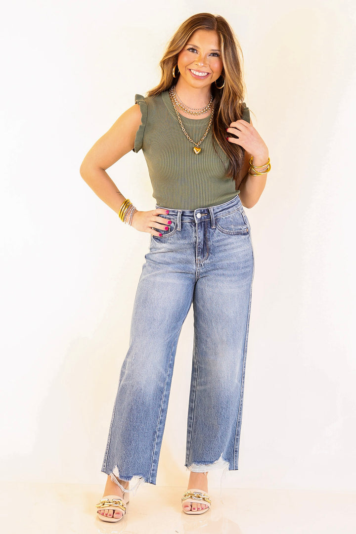 Flirty Frill Scoop Neck Top with Ruffle Sleeves in Olive Green