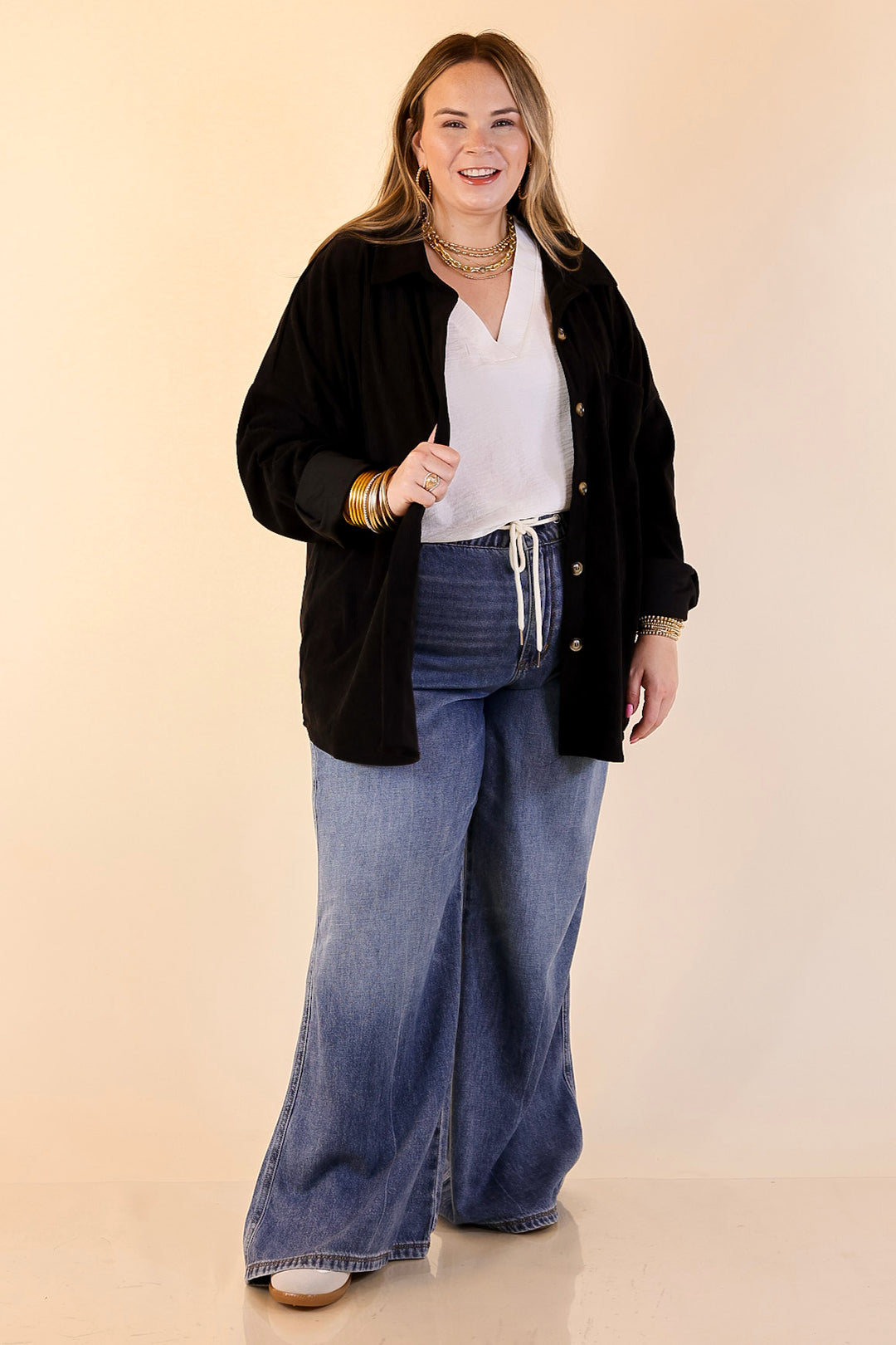 Plus Sizes | Captivating Cuteness Corduroy Button Up Shacket in Black