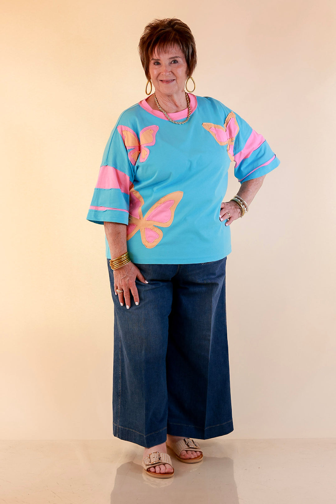 Dream in Color Butterfly Print Relaxed Short Sleeve Top with Contrast Sleeves in Turquoise Blue