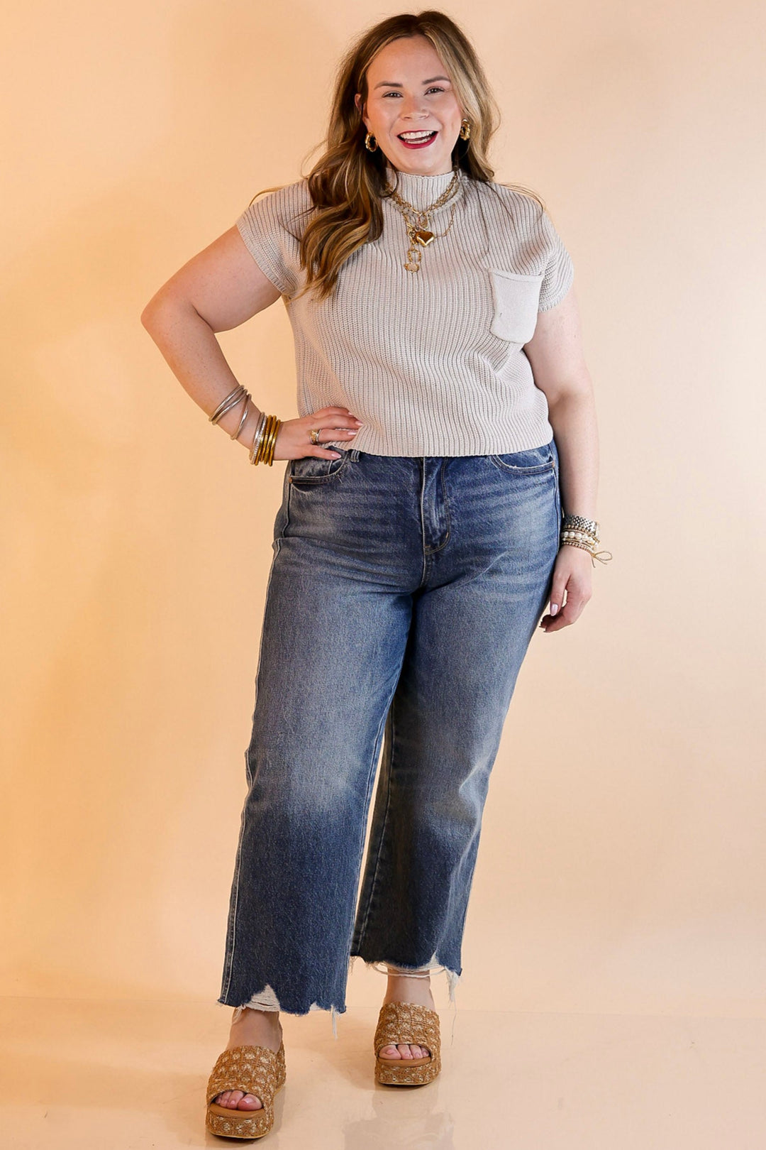 Repeat Worthy Cap Sleeve Cropped Sweater with Front Pocket in Bone Cream