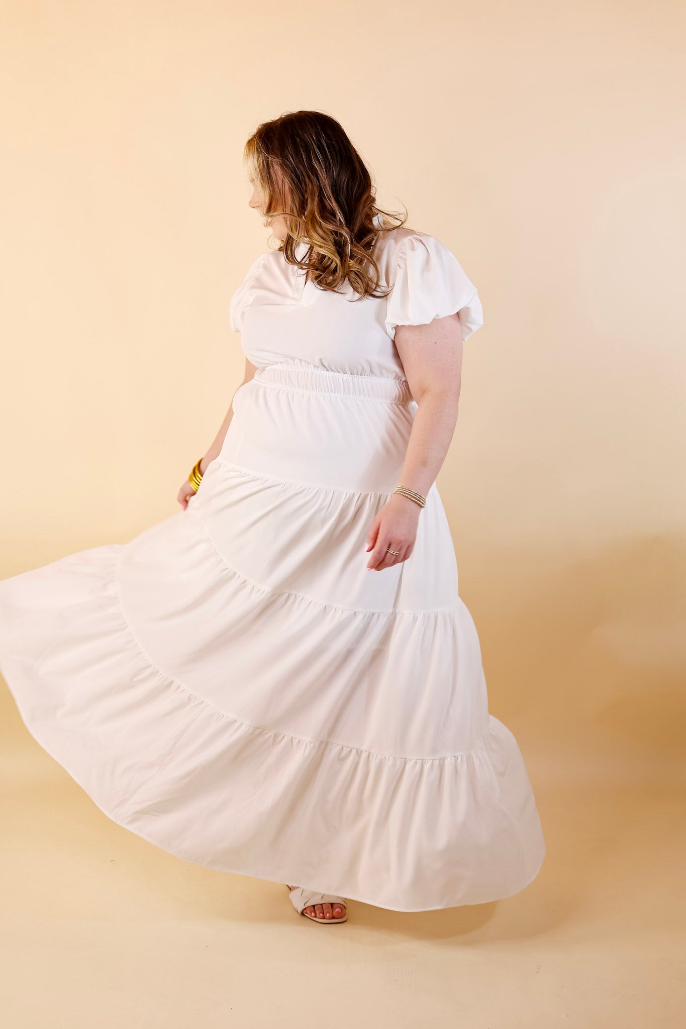 Table for Two Tiered Maxi Dress with Puff Sleeves in White - Giddy Up Glamour Boutique
