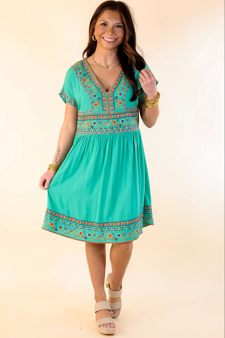 Passing Through V Neck Embroidered Dress with Short Sleeves in Mint Green