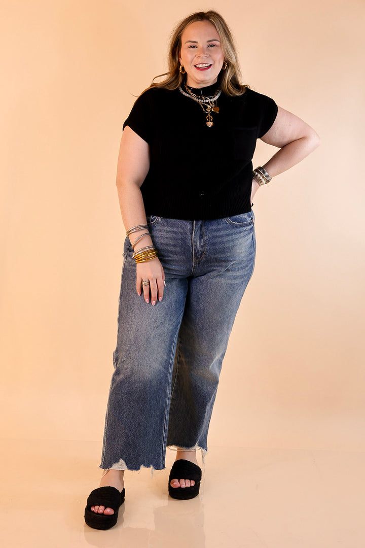 Repeat Worthy Cap Sleeve Cropped Sweater with Front Pocket in Black