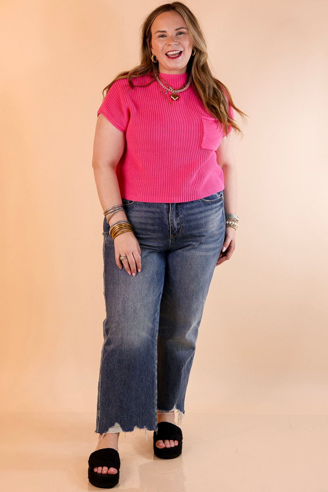 Repeat Worthy Cap Sleeve Cropped Sweater with Front Pocket in Fuchsia Pink