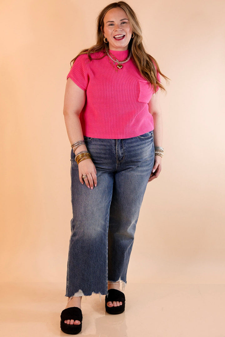 Repeat Worthy Cap Sleeve Cropped Sweater with Front Pocket in Fuchsia Pink