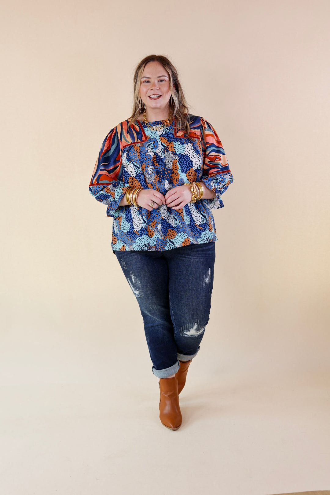 Unapologetically Unique Cheetah and Paintbrush Pattern Top In Blue Mix - Giddy Up Glamour Boutique