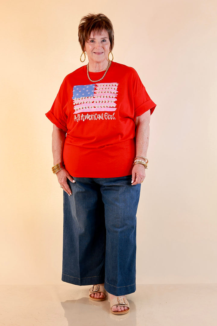 All American Darling USA Floral Flag Coquette Short Sleeve Graphic Tee with Bow Detailing in Red