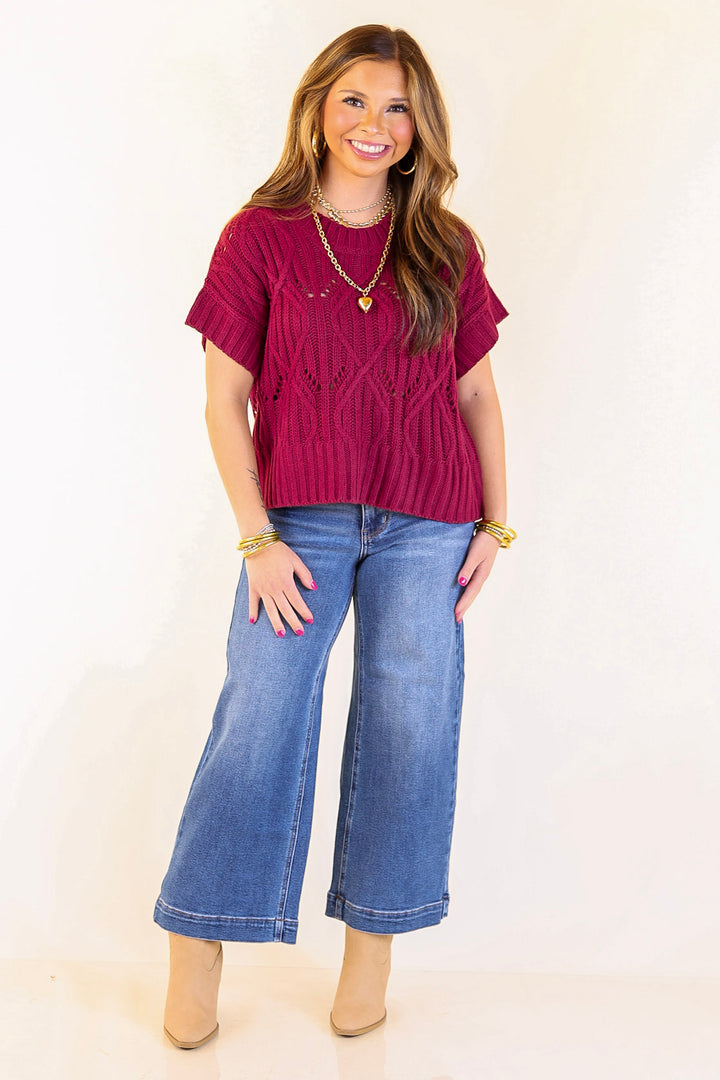 Knit to Last Cable Knit Short Sleeve Sweater Top in Maroon