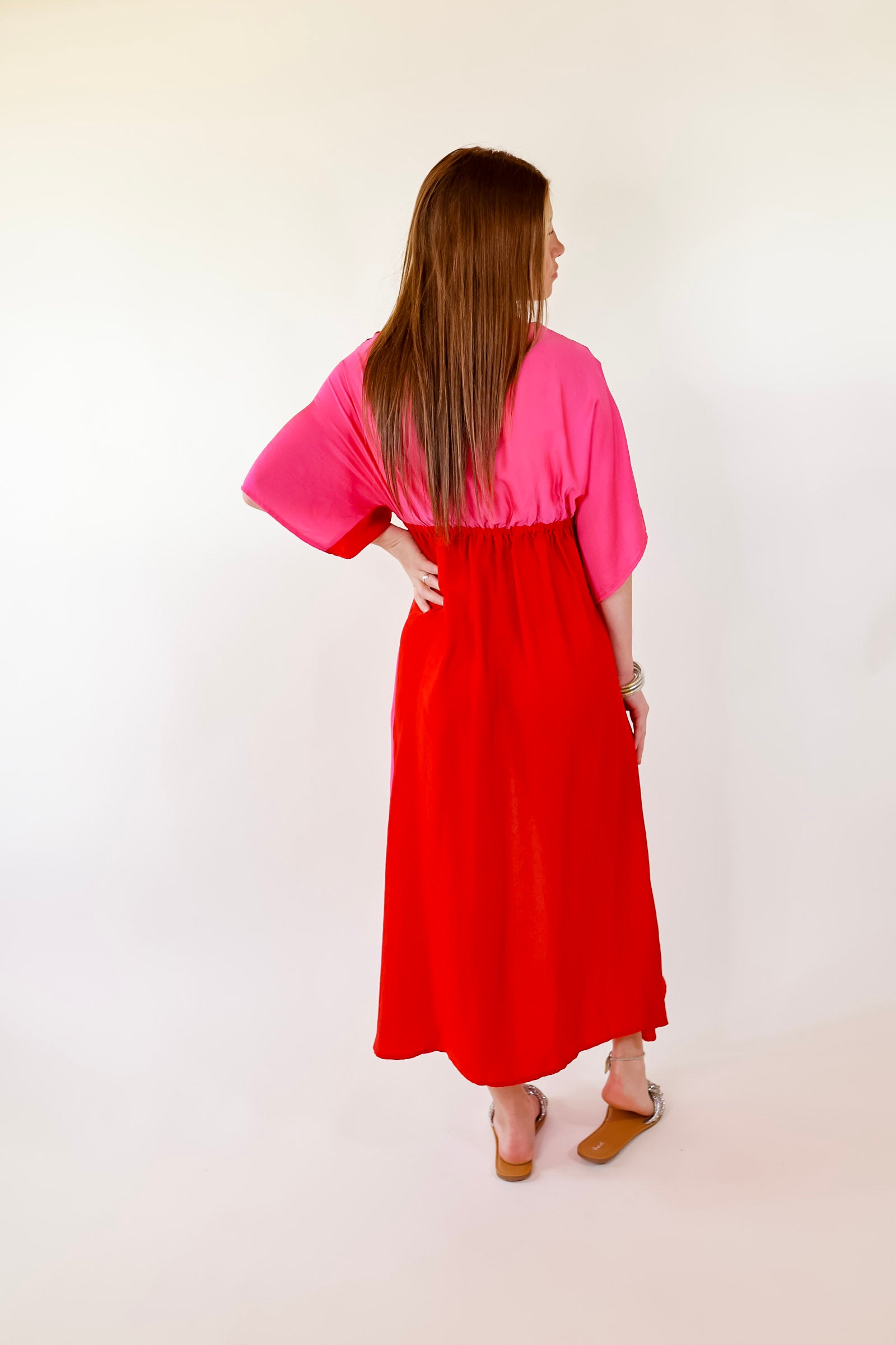 Take My Breath Away Front Knot Color Block Midi Dress in Red and Pink - Giddy Up Glamour Boutique