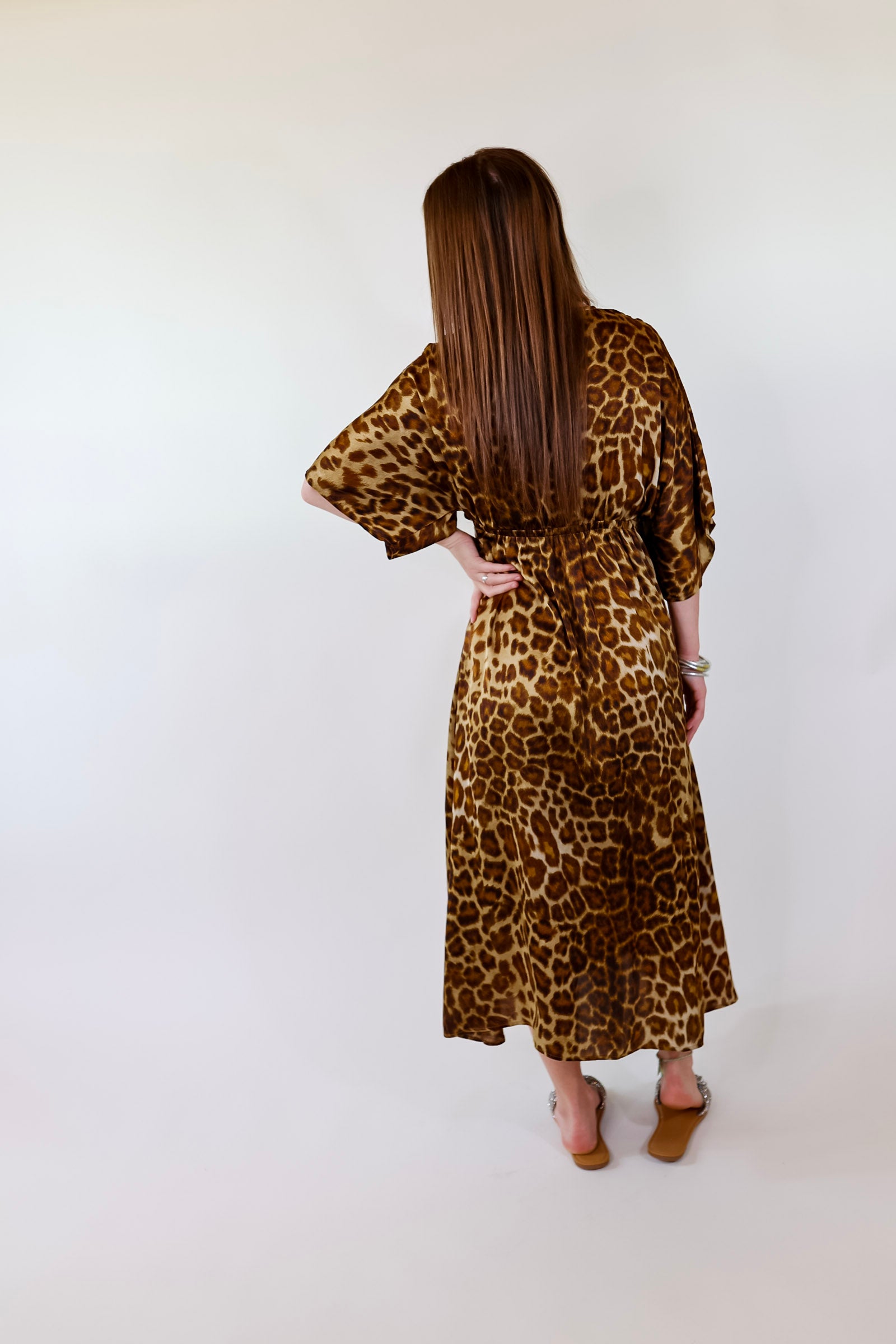 Take My Breath Away Front Knot Leopard Print Midi Dress in Brown - Giddy Up Glamour Boutique