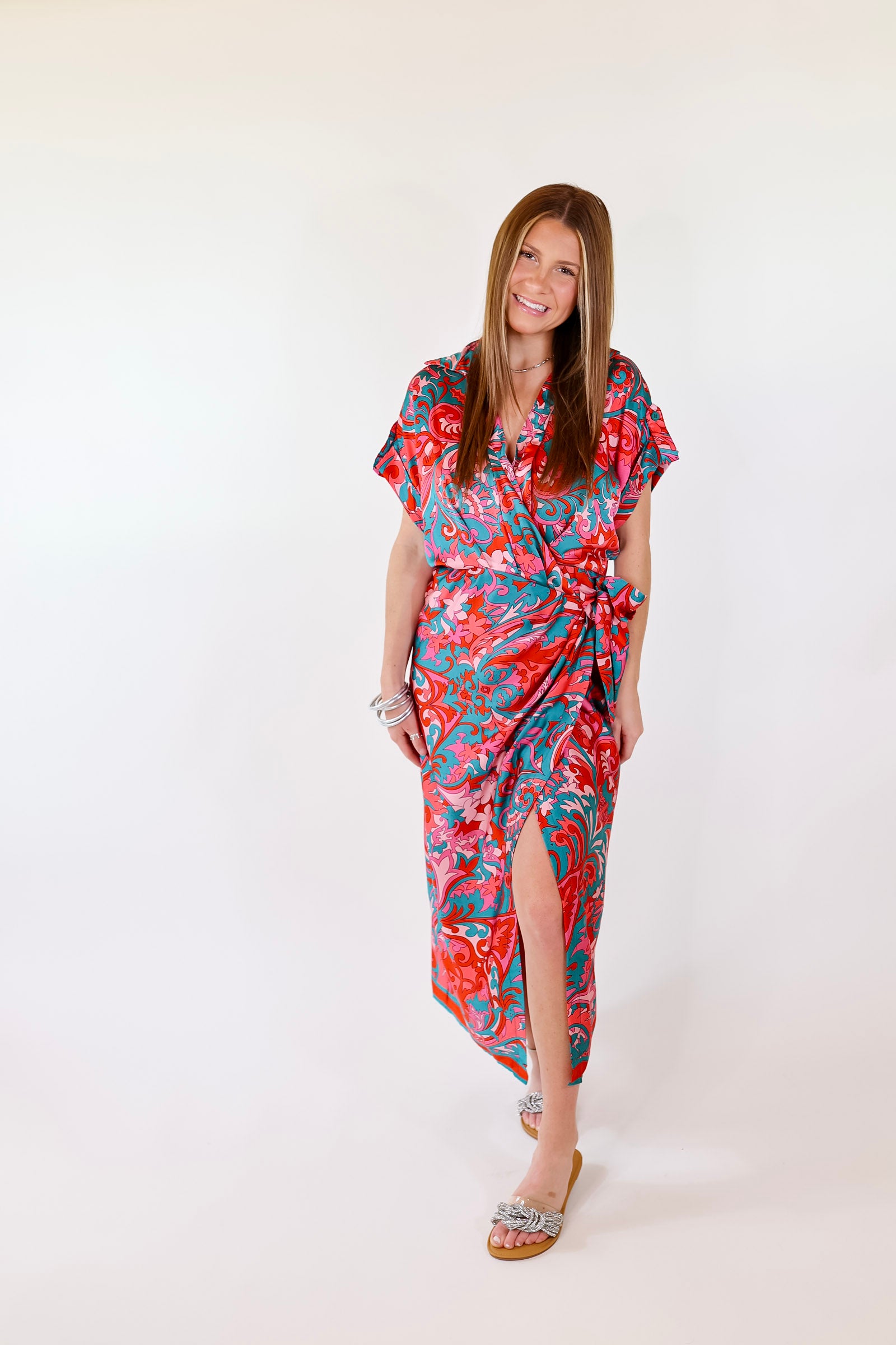 Room With A View Baroque Print Wrap Midi Dress in Pink and Teal - Giddy Up Glamour Boutique