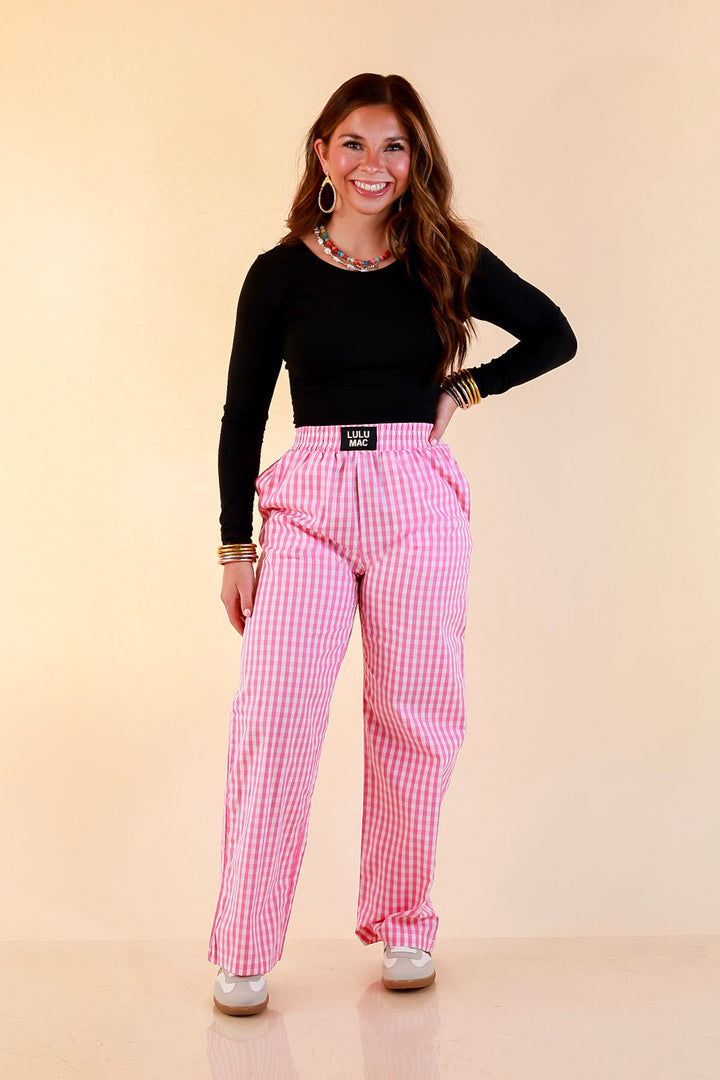 Lulu Mac | Casual Agenda Gingham Print Boxer Pants with Elastic Waistband in Pink