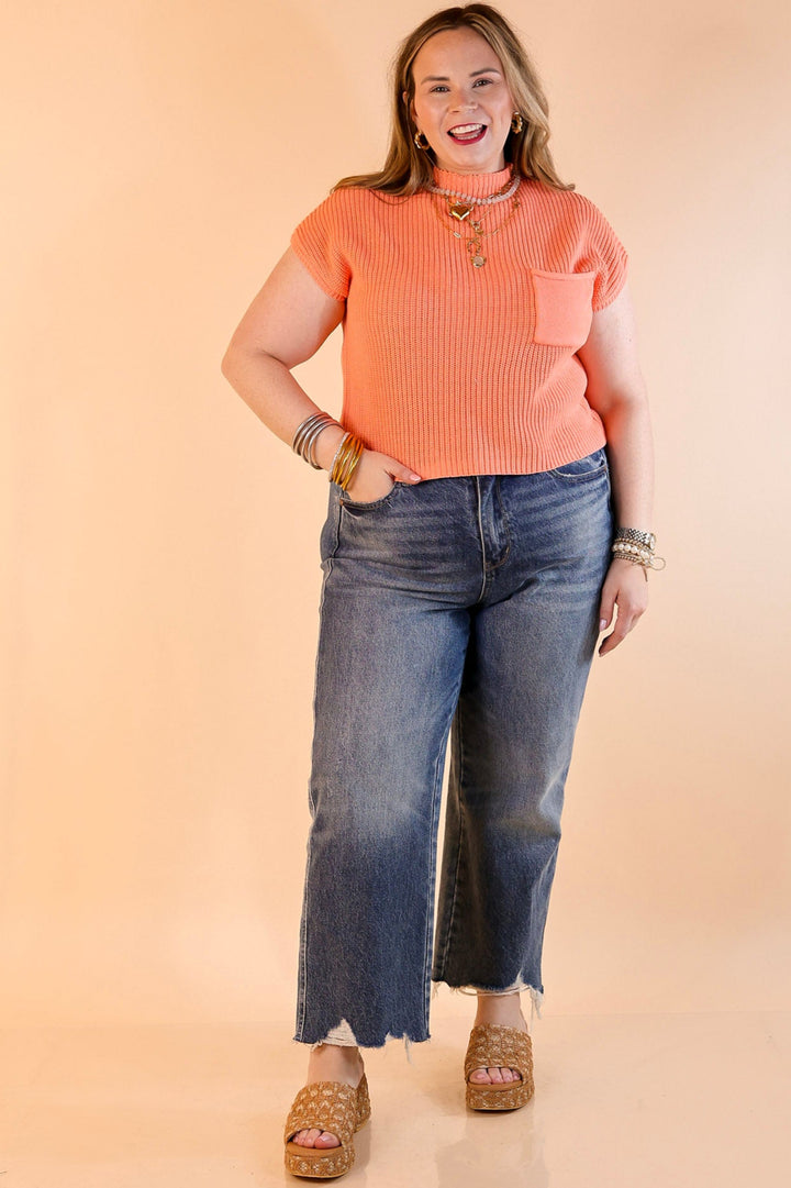 Repeat Worthy Cap Sleeve Cropped Sweater with Front Pocket in Coral Orange