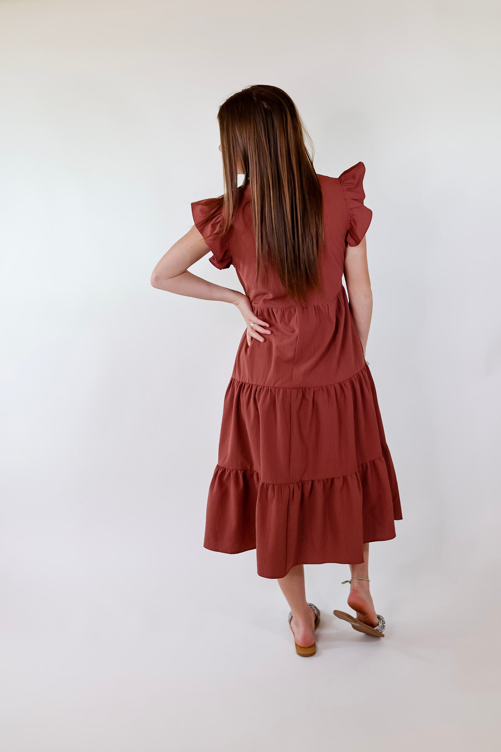 Magnolia Morning Ruffle Cap Sleeve Tiered Midi Dress in Cinnamon - Giddy Up Glamour Boutique