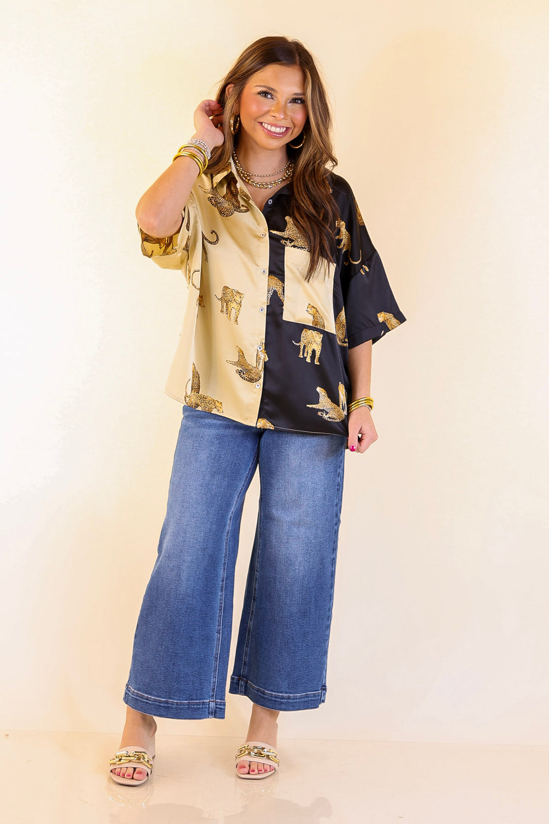 All Eyes On Me Button Up Cheetah Print Blouse Top in Black and Gold