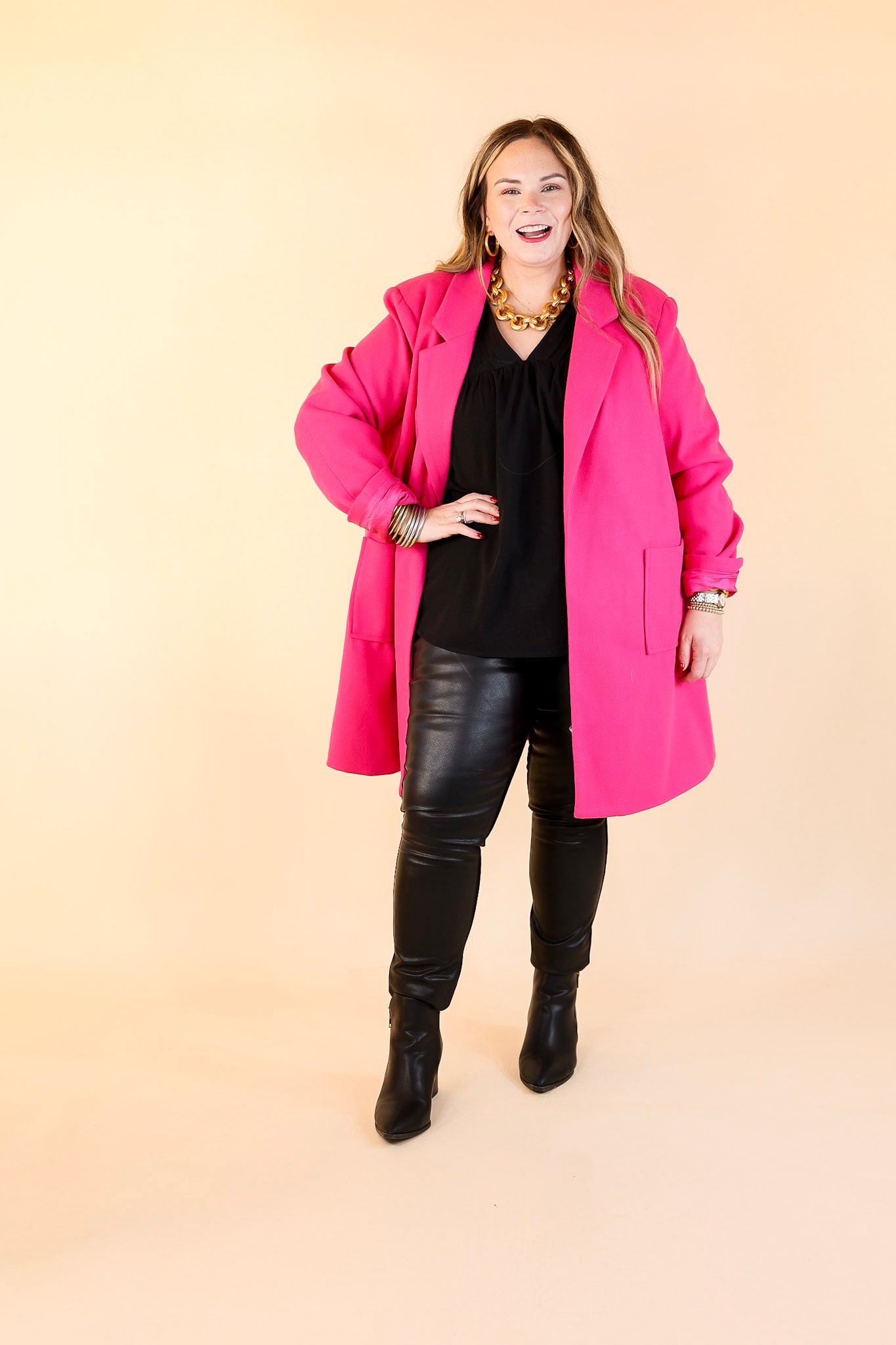 European Holiday Open Front Coat in Hot Pink