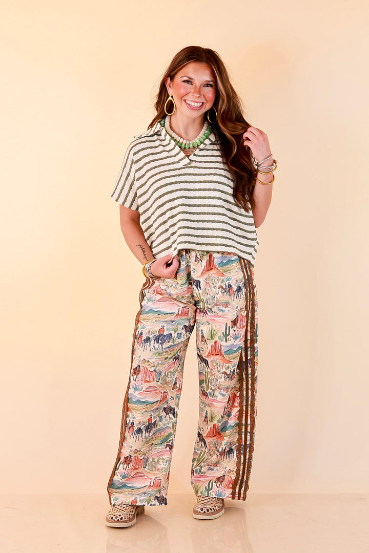 Simply Said Striped Drop Shoulder Collared Cropped Top in Ivory with Olive Green Stripes