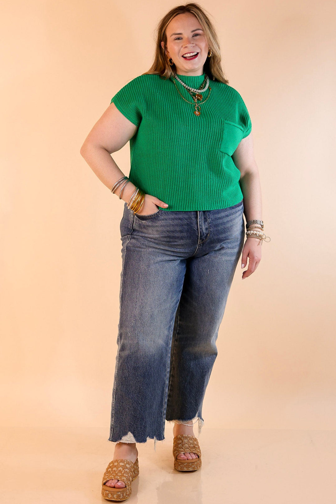 Repeat Worthy Cap Sleeve Cropped Sweater with Front Pocket in Kelly Green