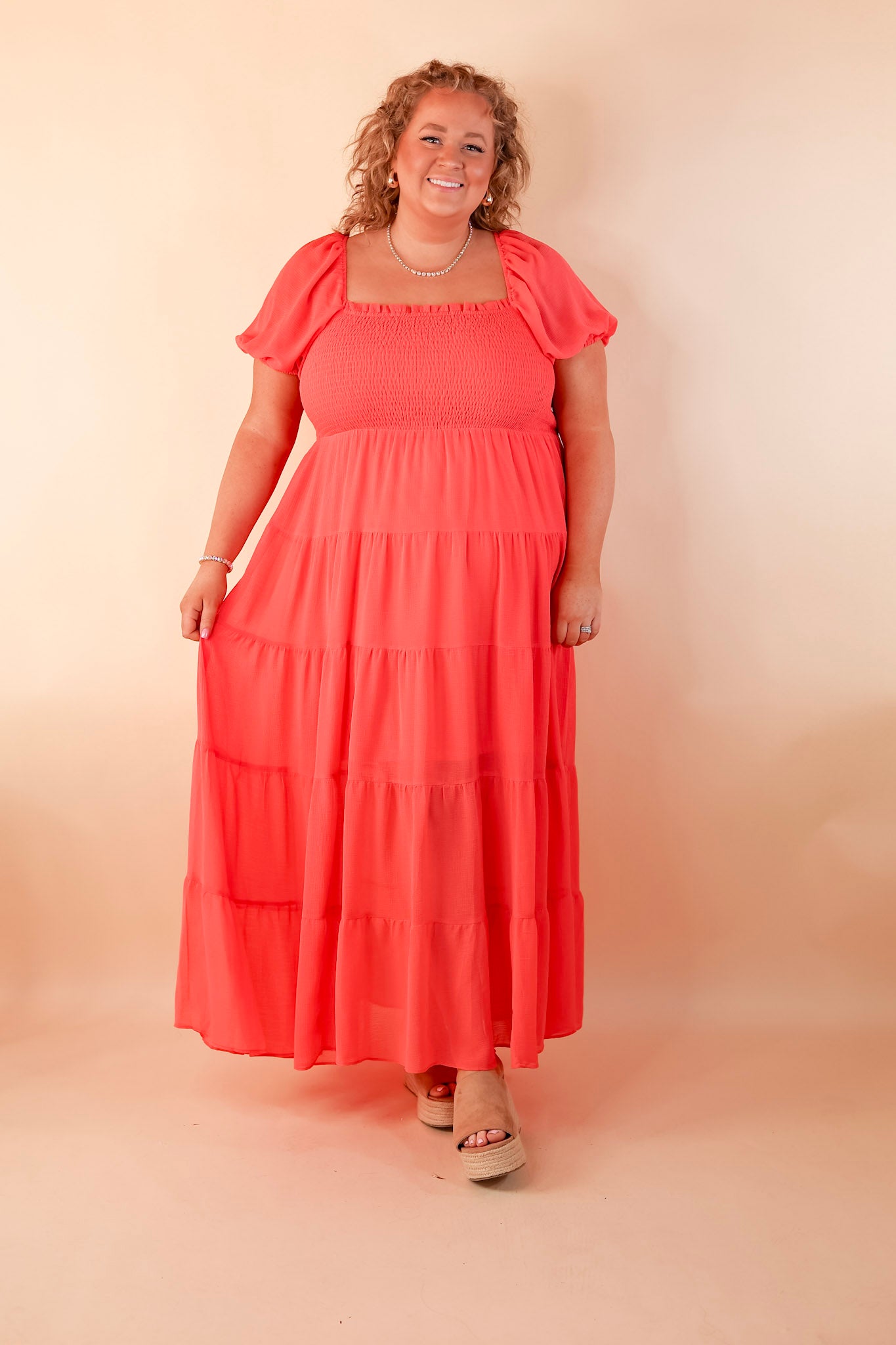 Honeysuckle Love Tiered Maxi Dress with Smocked Bodice in Coral Red - Giddy Up Glamour Boutique