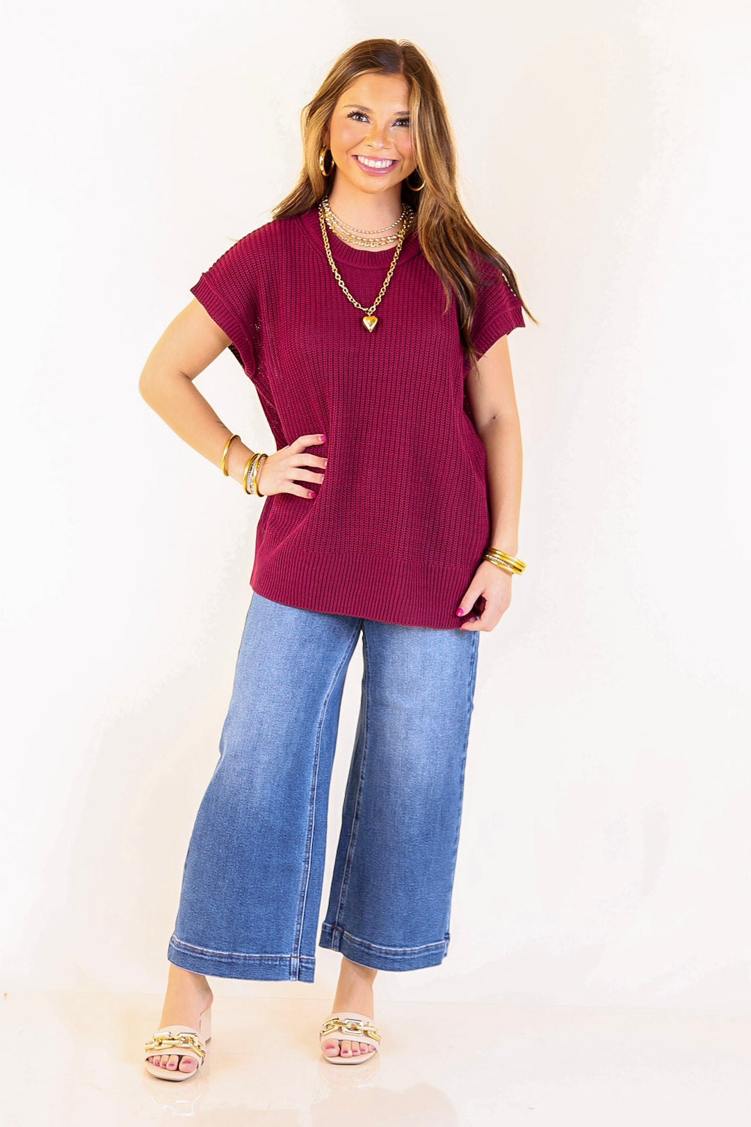 Style Refresh Drop Shoulder Short Sleeve Knit Sweater Top in Maroon
