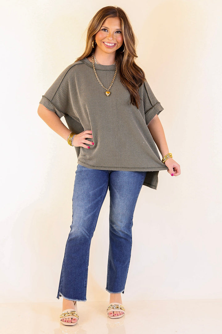 Daily Perfection Scoop Neck Short Sleeve Ribbed Top in Olive Green