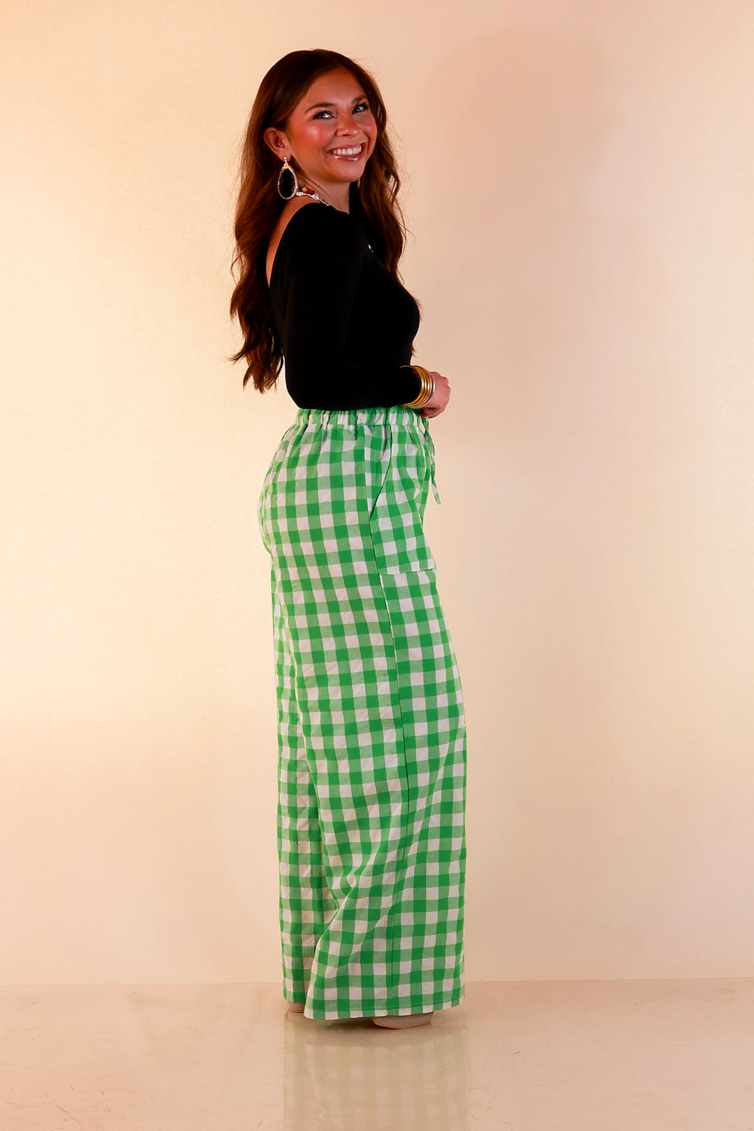 Pairs Well with Others Gingham Print Drawstring Pants with Elastic Waistband in Green